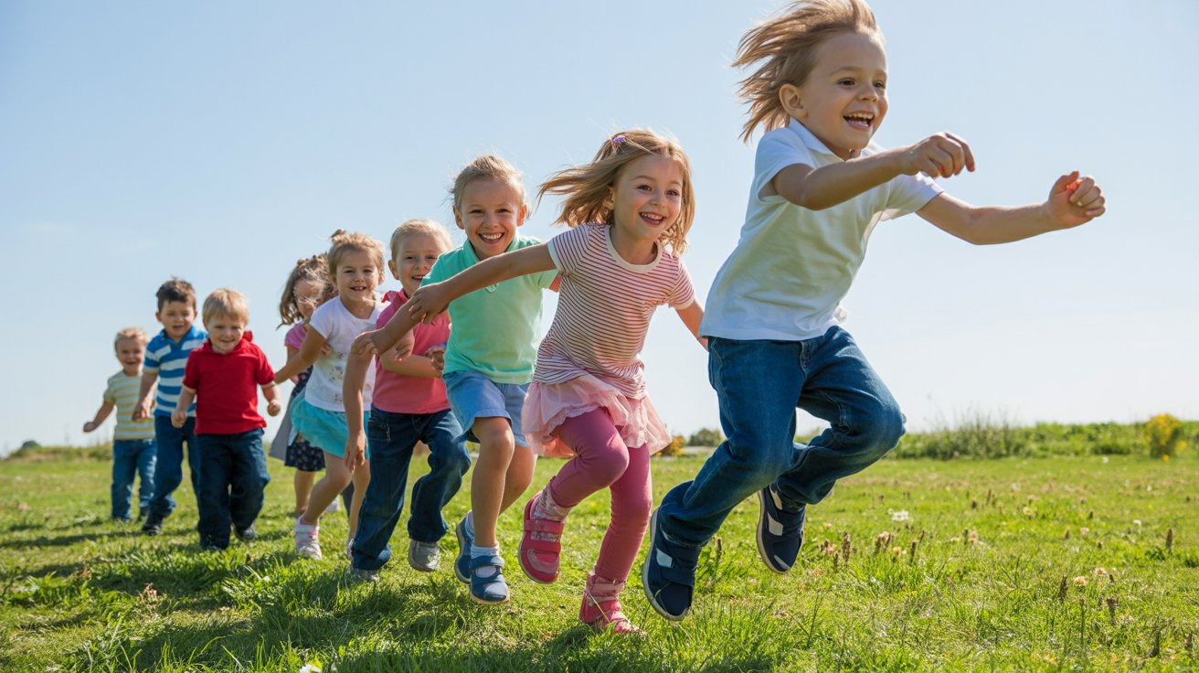 Children following and copying a leader’s playful movements