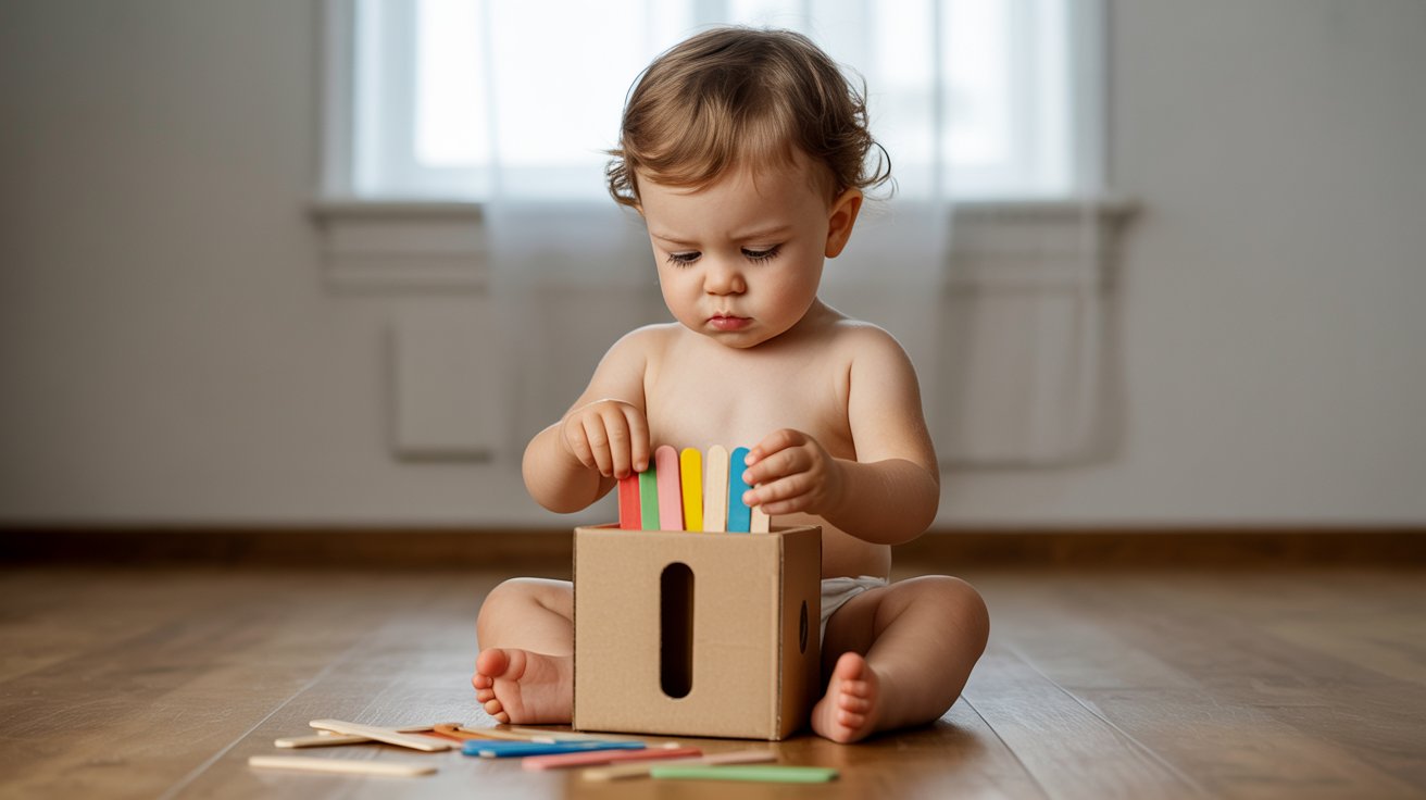 A baby joyfully playing with a wooden box filled with colorful pencils scattered around.