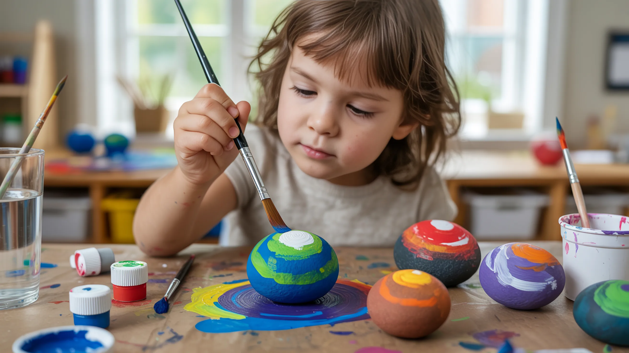 A Girl Painted pebble planets for kids' solar system craft activity.