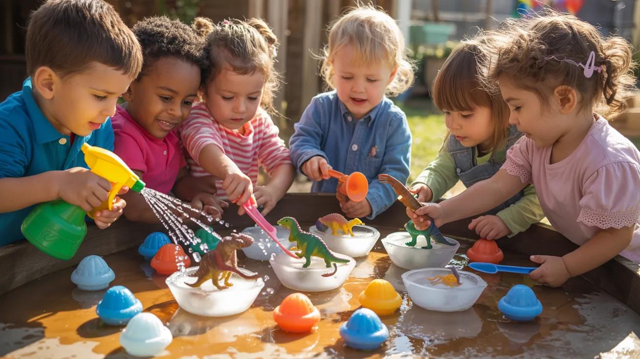 Preschool children rescuing toy dinosaurs frozen in ice eggs during a hands-on dinosaur activity.