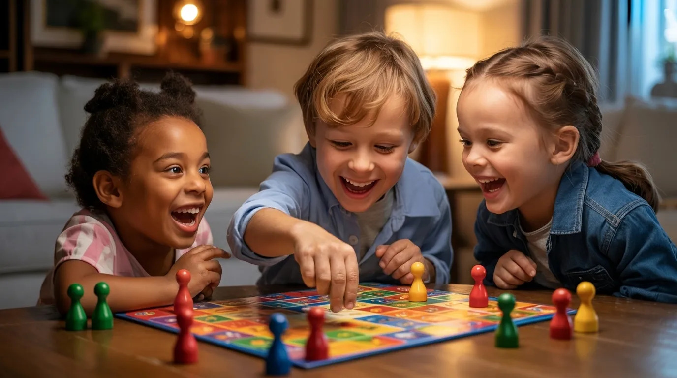 Kids playing an educational board game at a table, laughing and excited, colorful game pieces, warm indoor lighting.