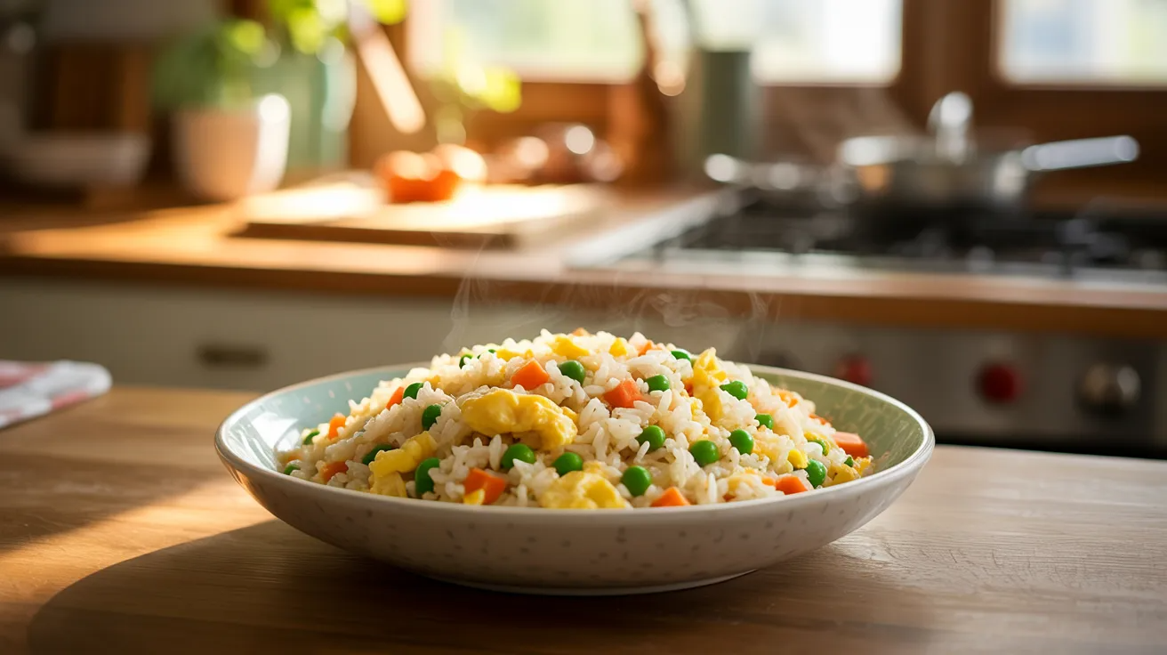 Veggie fried rice with egg, peas, and carrots as quick toddler meal prep.