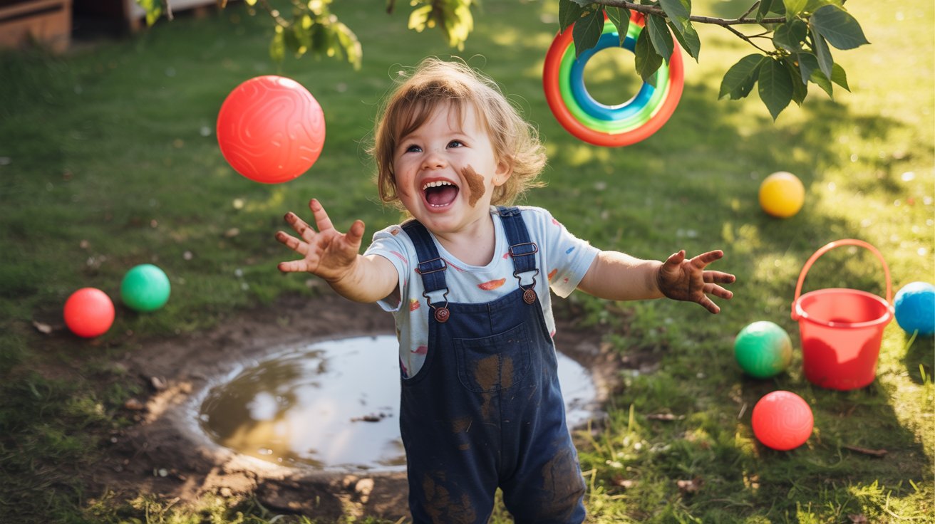 A toddler joyfully playing in the mud surrounded by colorful balls, showcasing a playful and carefree moment.