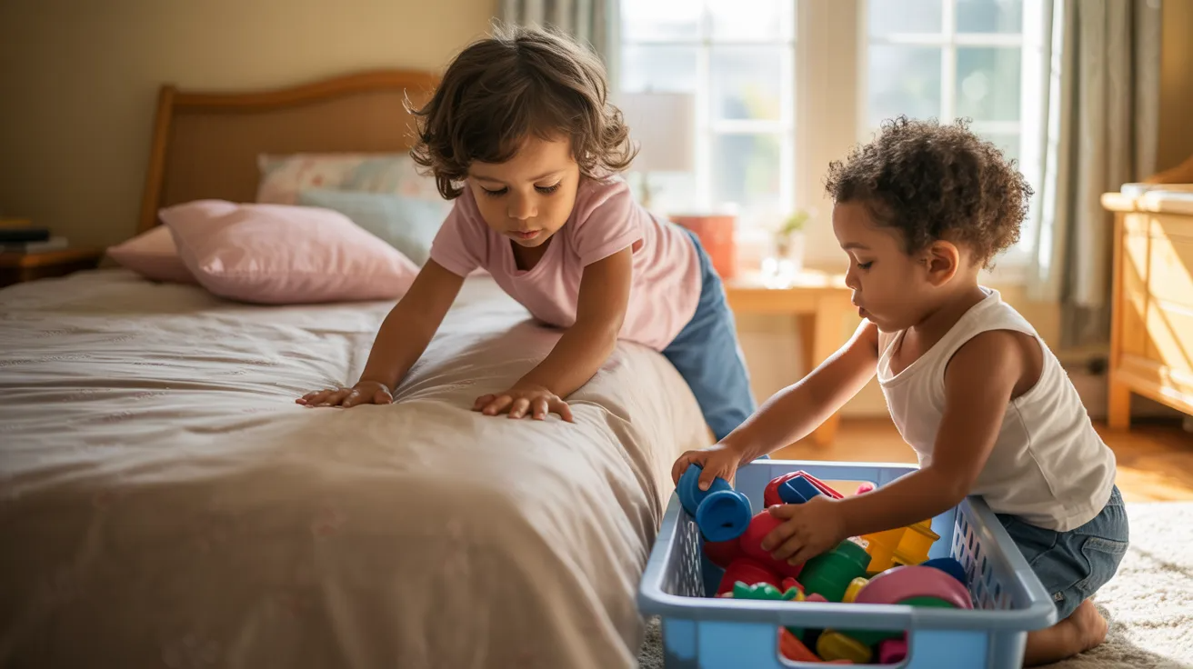 Children making bed and organizing toys while practicing life skills activities at home.