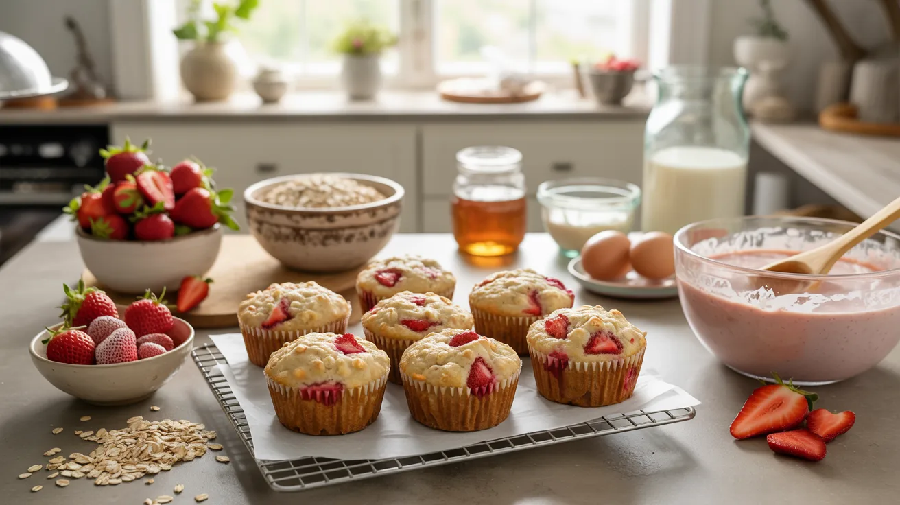 "Freshly baked strawberry oat muffins cooling on a rack with fresh strawberries, oats, and wholesome baking ingredients in a bright cozy kitchen."
