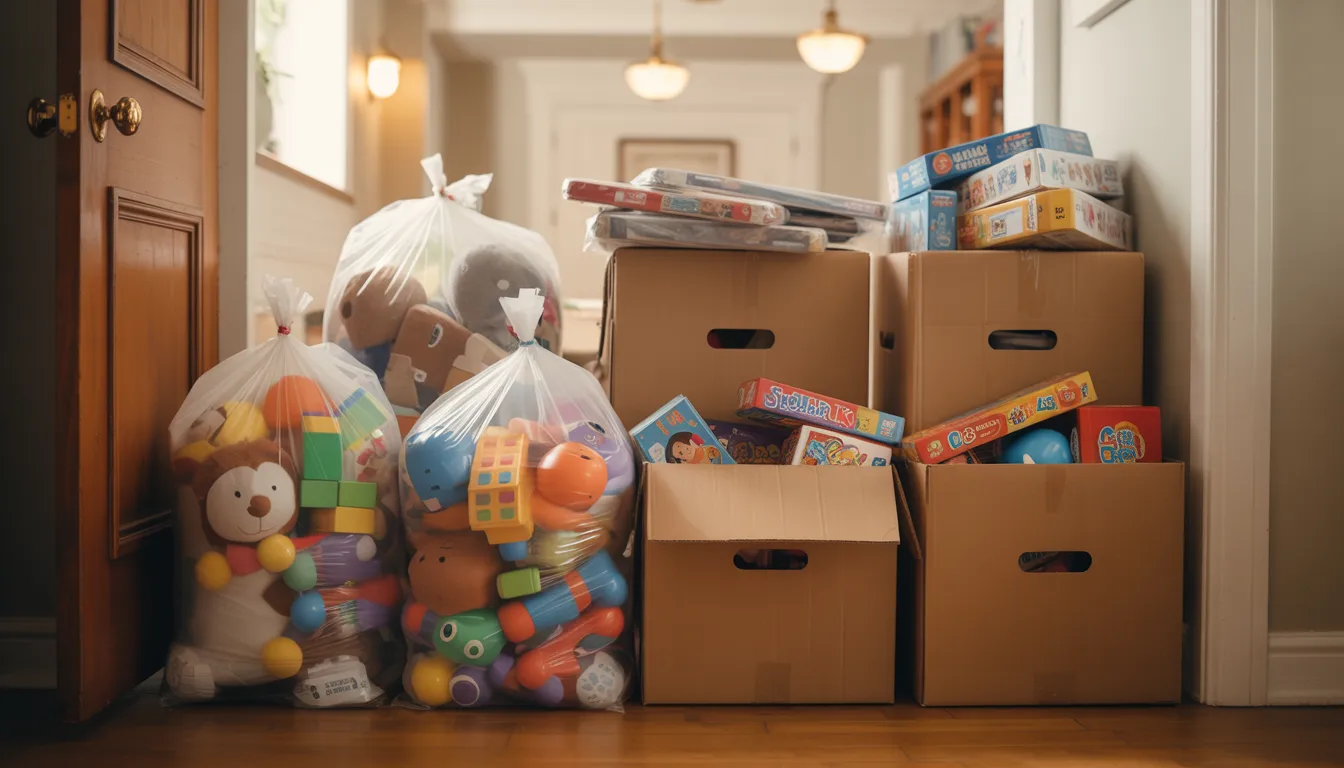 Donation boxes filled with kids toys placed neatly near the door ready to give away