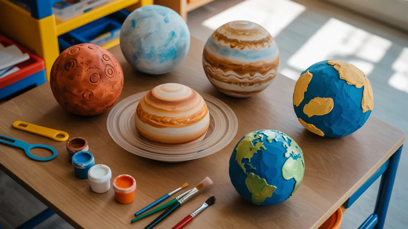 Clay planet models with textured details for kids solar system activities.