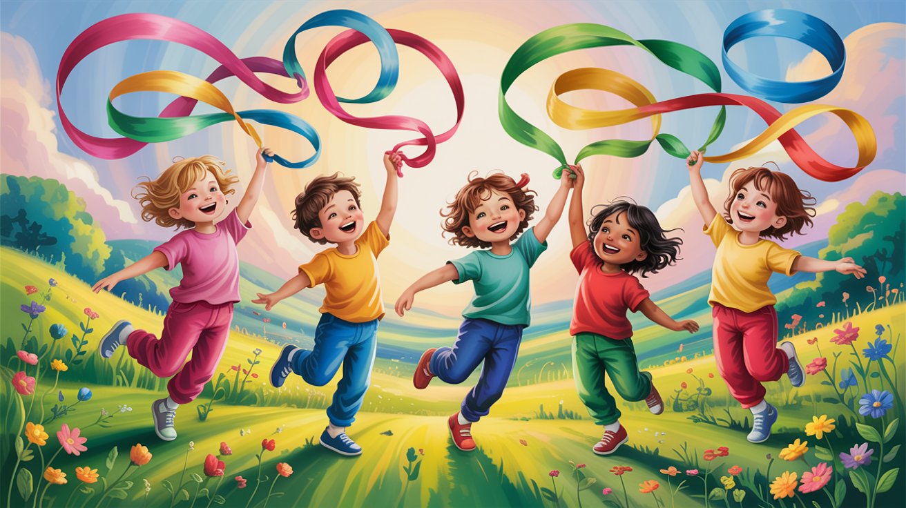 Children joyfully running outdoors, holding vibrant, colorful ribbons that flutter in the breeze.
