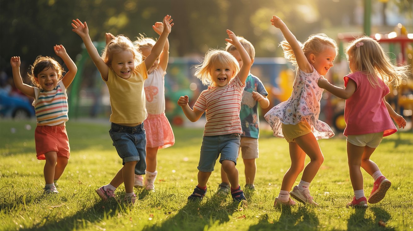 Children dancing and changing moves quickly in a lively outdoor game