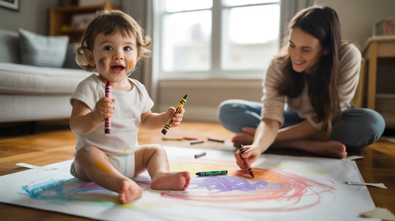 15-month-old toddler scribbling with crayons on paper during a fun activity at home.