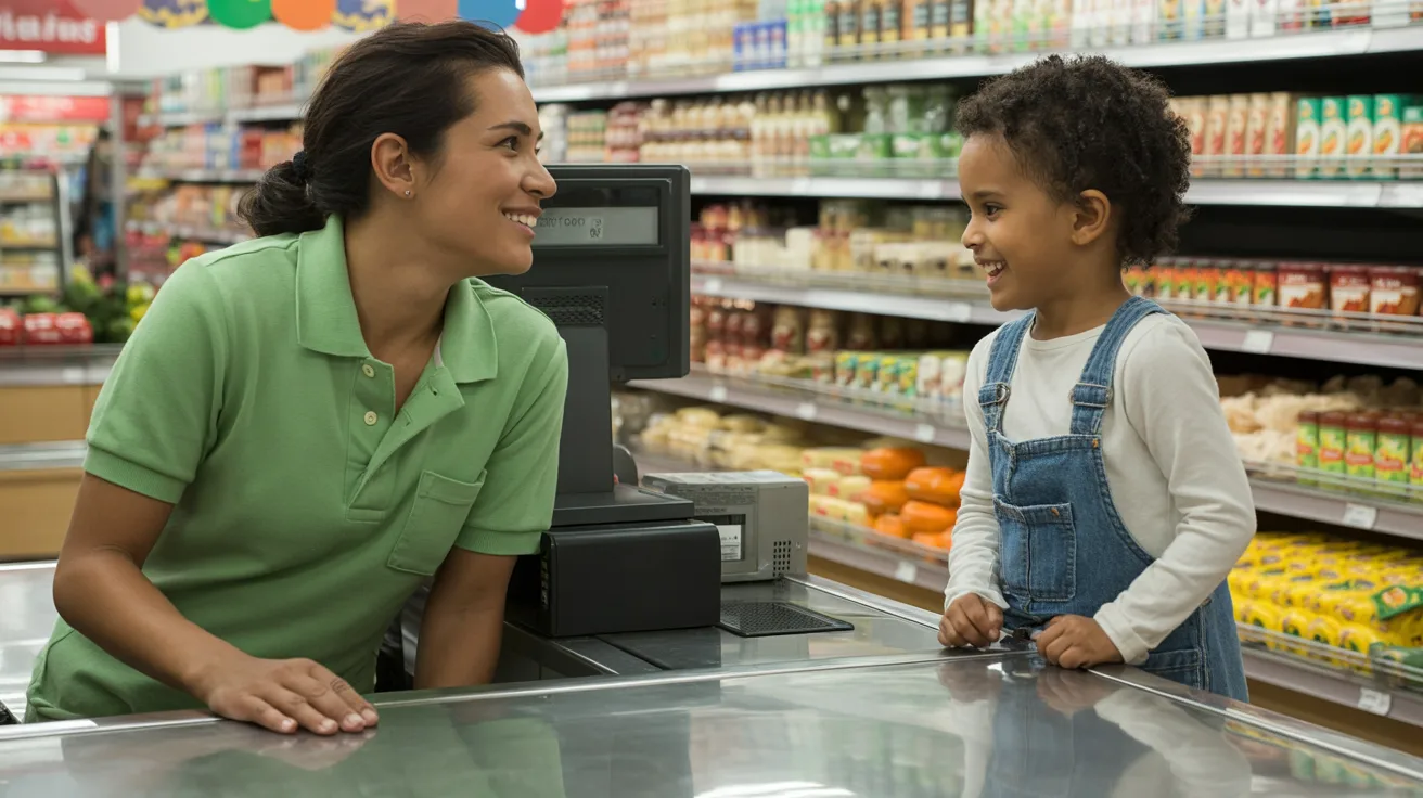 Child smiling and politely thanking a grocery store cashier while standing at the checkout in a real-life everyday setting