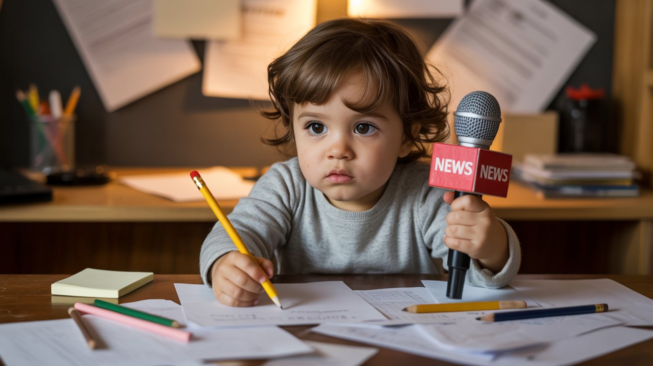 A young child holds a microphone while writing on a desk, showcasing creativity and engagement in a learning environment.