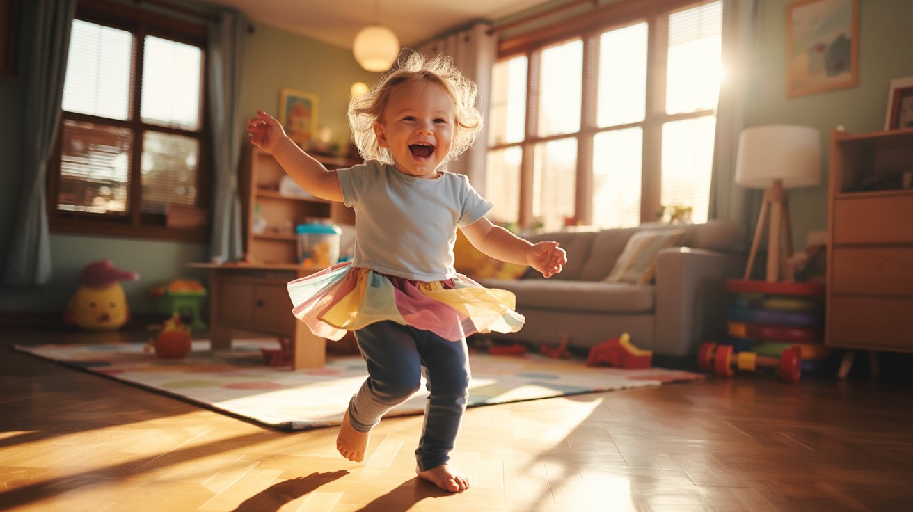 A toddler joyfully runs across a room filled with colorful toys scattered on the floor.