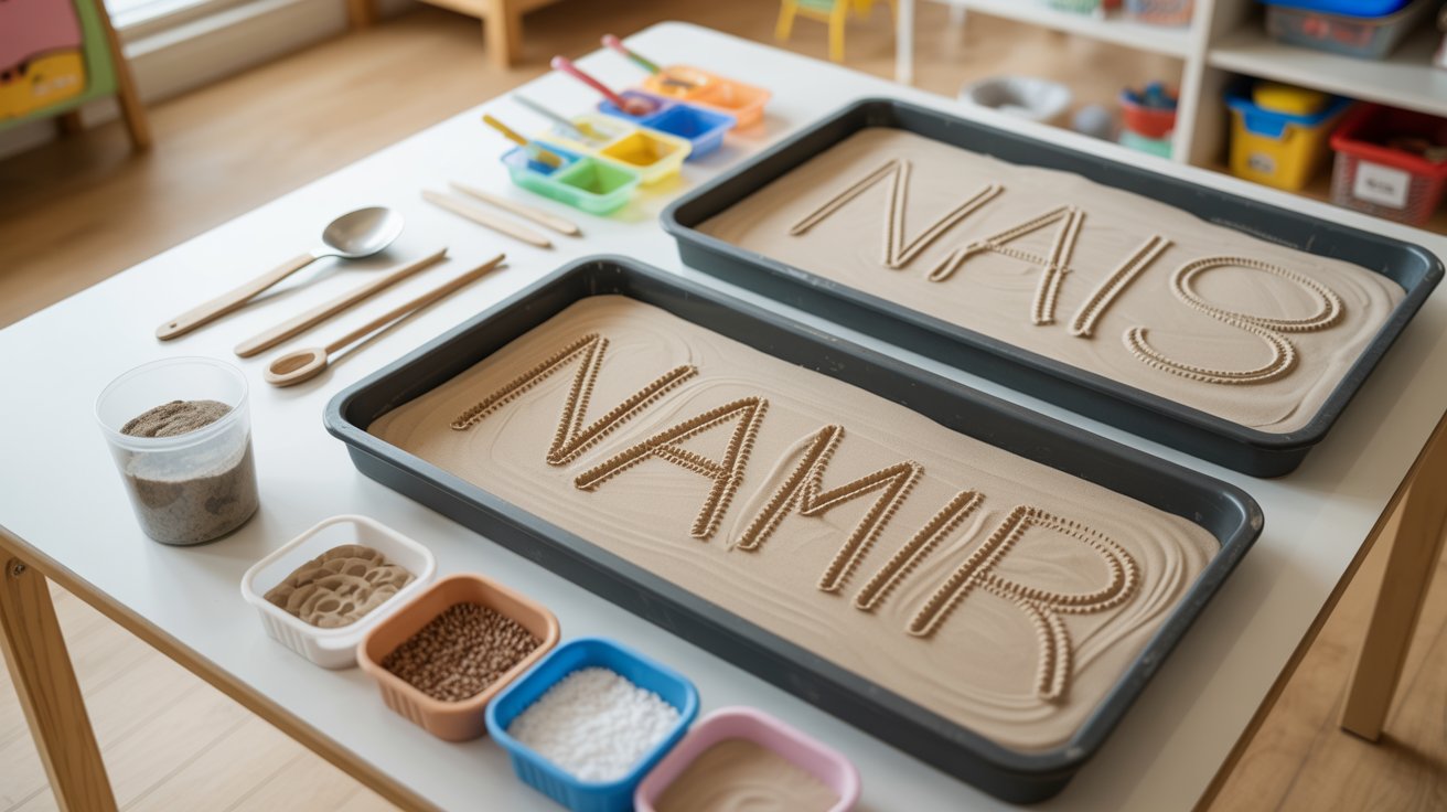 Two trays filled with sand, featuring letters that spell "namir," used for name recognition activities for kids.