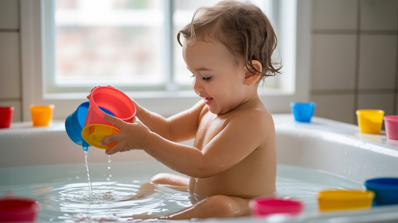 Toddler pouring water between cups in bath play