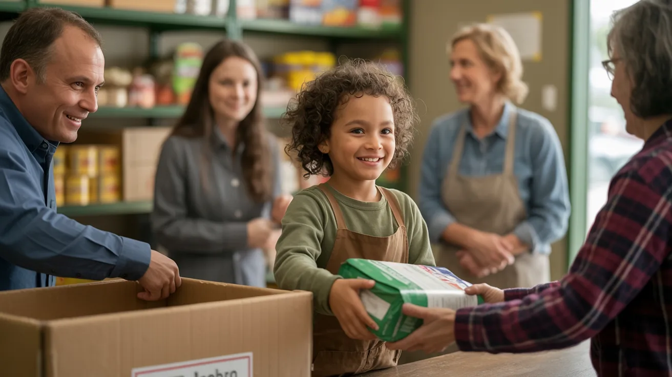 Child volunteering at a food bank and happily handing supplies to others in a warm and supportive community environment