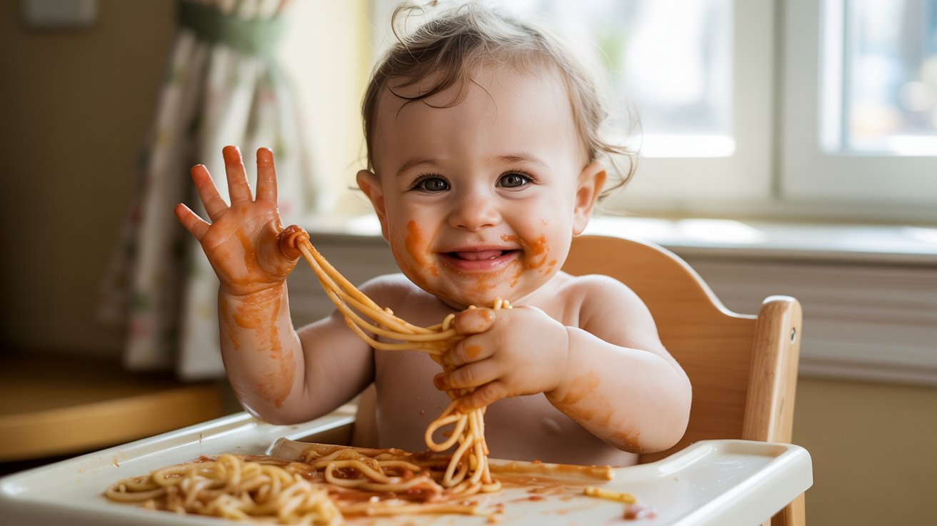 Baby exploring cooked pasta sensory play activity