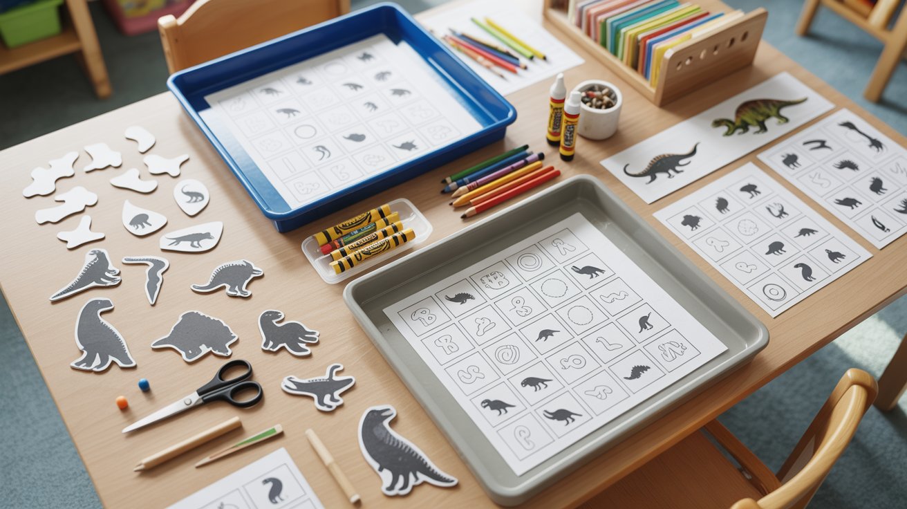 A table filled with colorful toys and art supplies designed for children's play and learning activities.