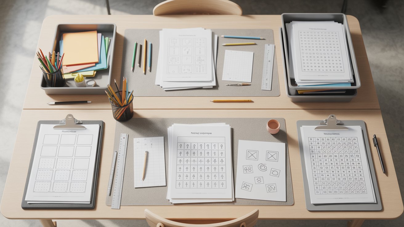 A table setup with a desk, a chair, and various papers focused on teen problem-solving activities.