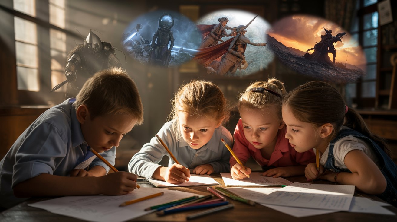 Children sit at a table, focused on writing with pencils and paper, engaged in a creative activity together.