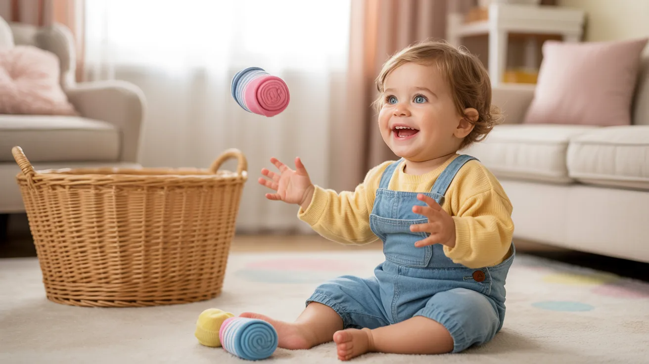 15-month-old toddler tossing sock balls into a basket during indoor play activity.