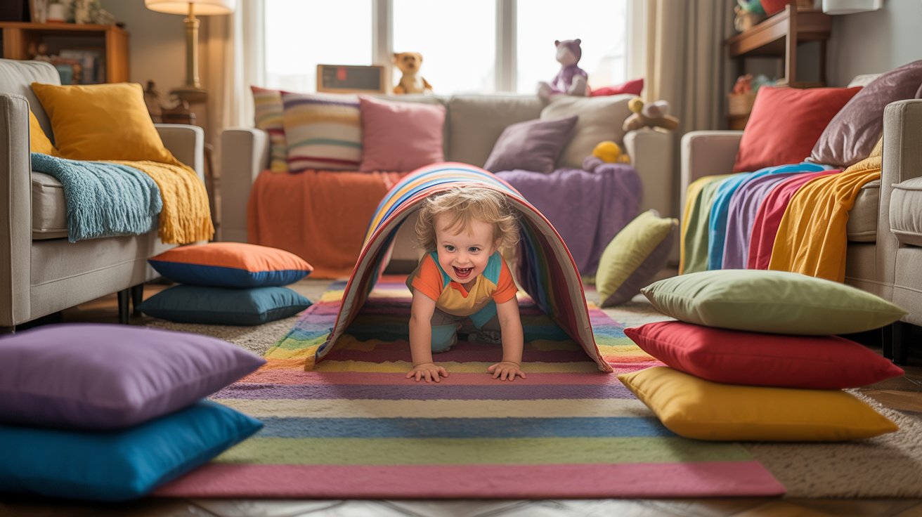A baby crawling through a colorful tunnel in a cozy living room filled with toys and soft furnishings.