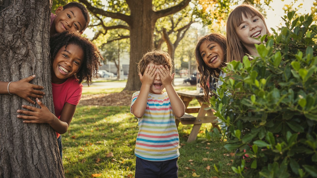 Children hiding behind trees while one searches during hide and seek
