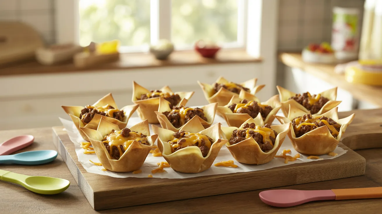 Mini taco cups baked in wonton wrappers as toddler meal prep snacks.