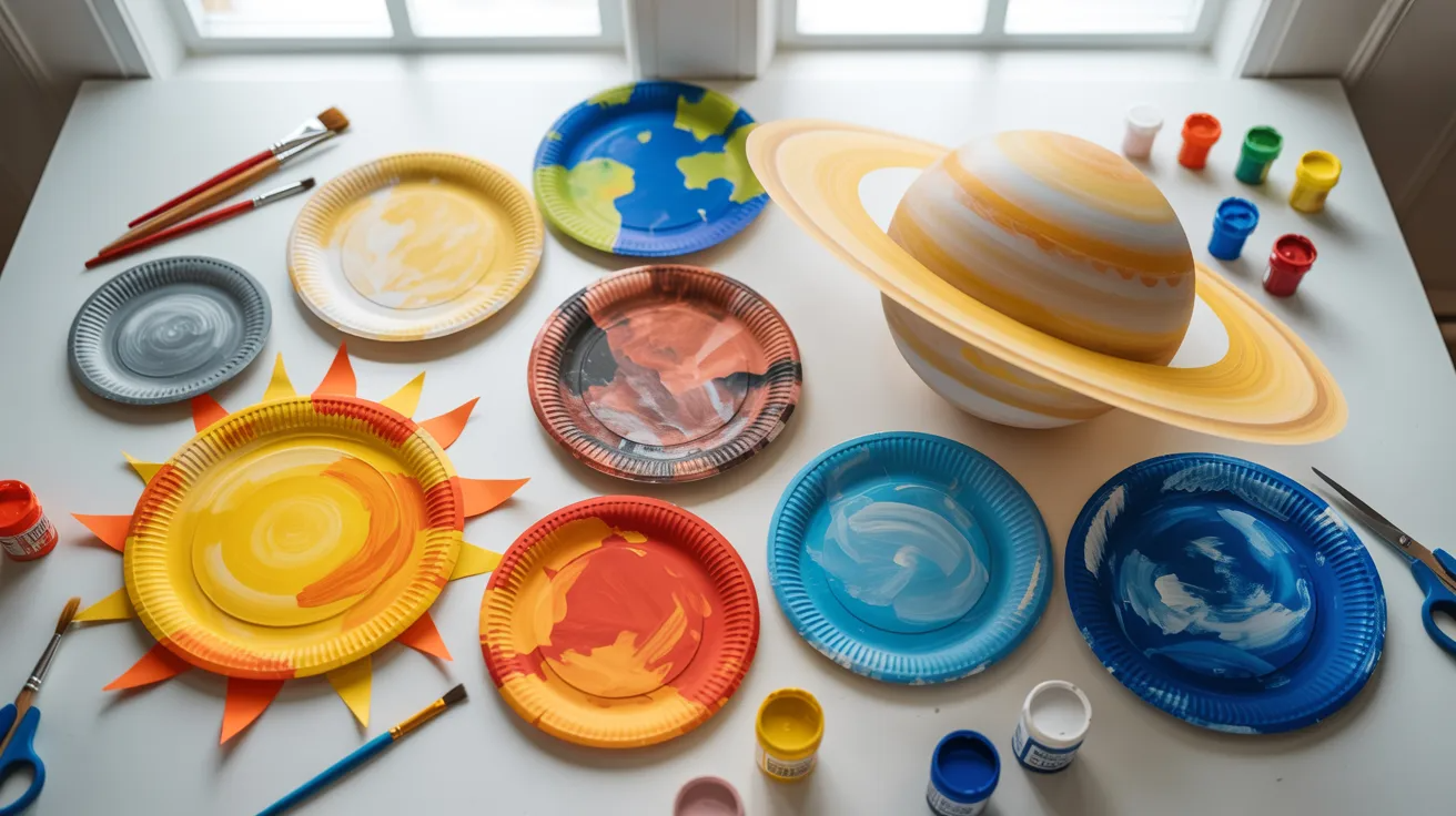Paper plate solar system craft with painted planets arranged in order from the sun for kids learning space science.