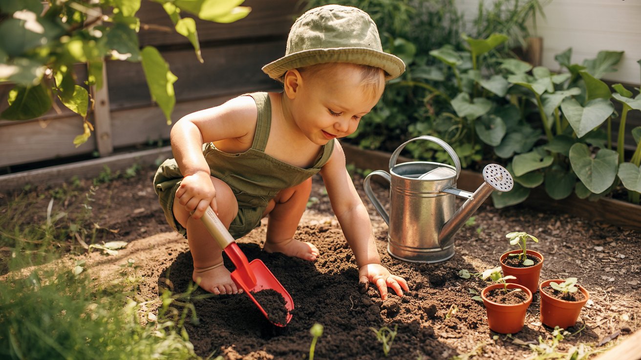 A toddler wearing a hat and green shirt is happily digging in the dirt with a small shovel.
