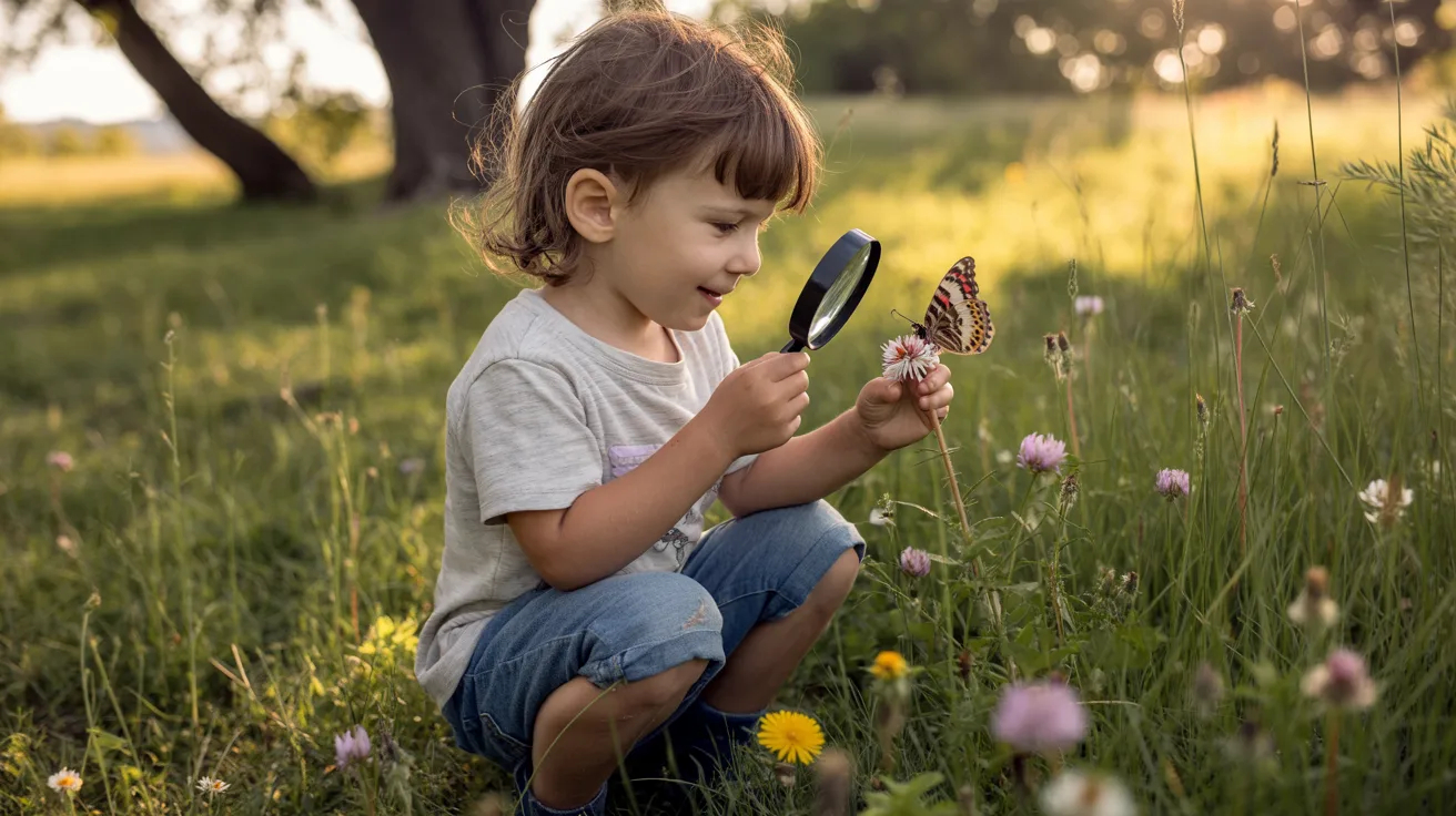 Child exploring outdoors independently observing insects and plants with curiosity, magnifying glass in hand.