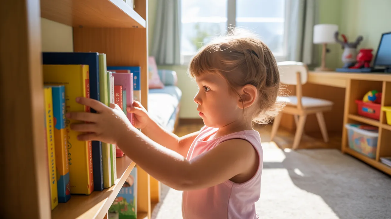 Child organizing books as life skills activity for kids.