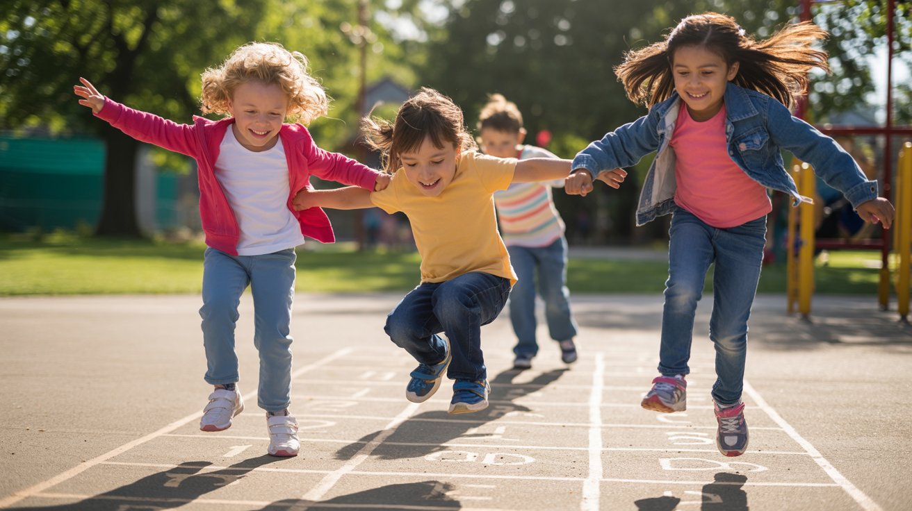 Children hopping on one foot as if playing hopscotch