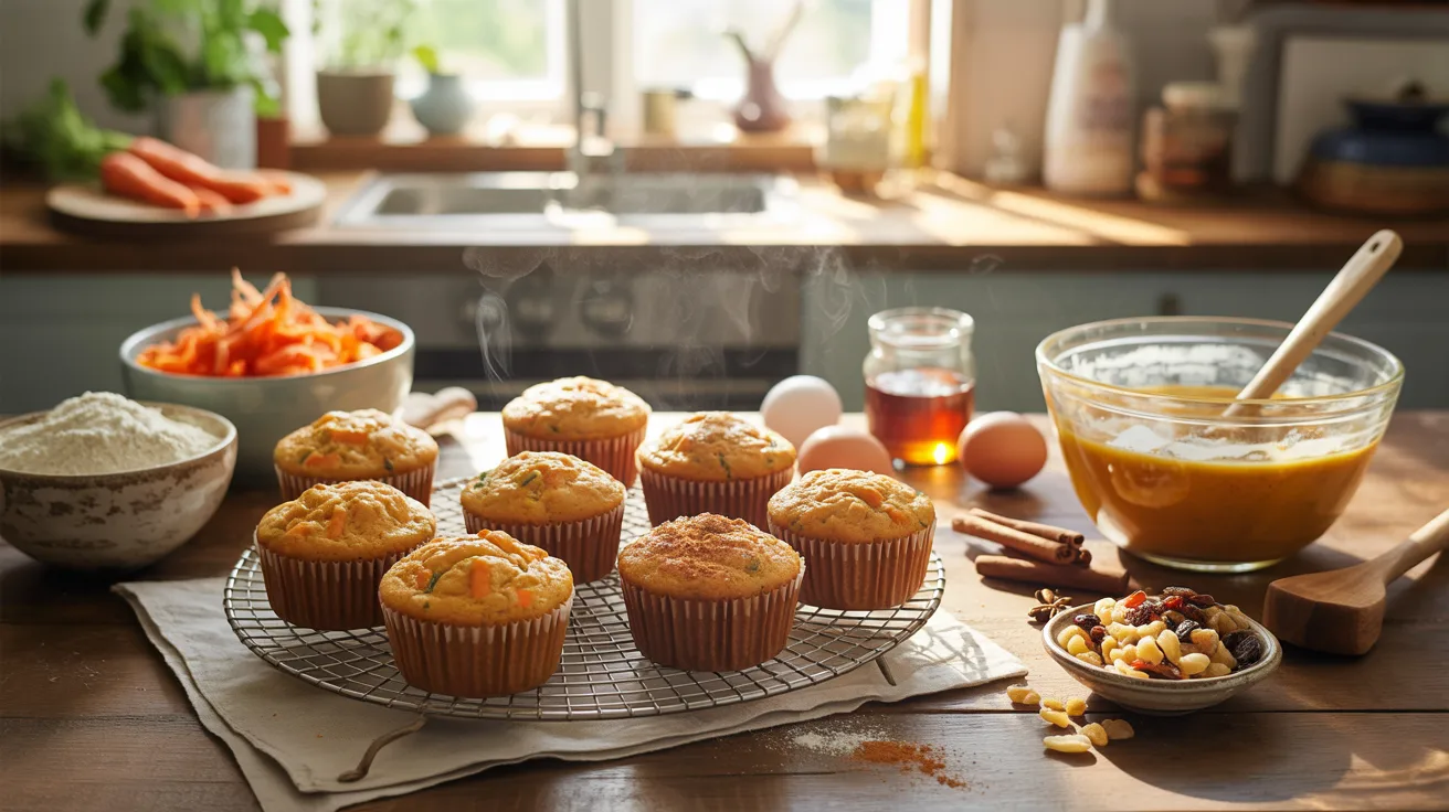 "Freshly baked carrot cake muffins cooling on a rack with grated carrots, whole wheat flour, honey, and cinnamon arranged around them in a cozy sunlit kitchen scene."