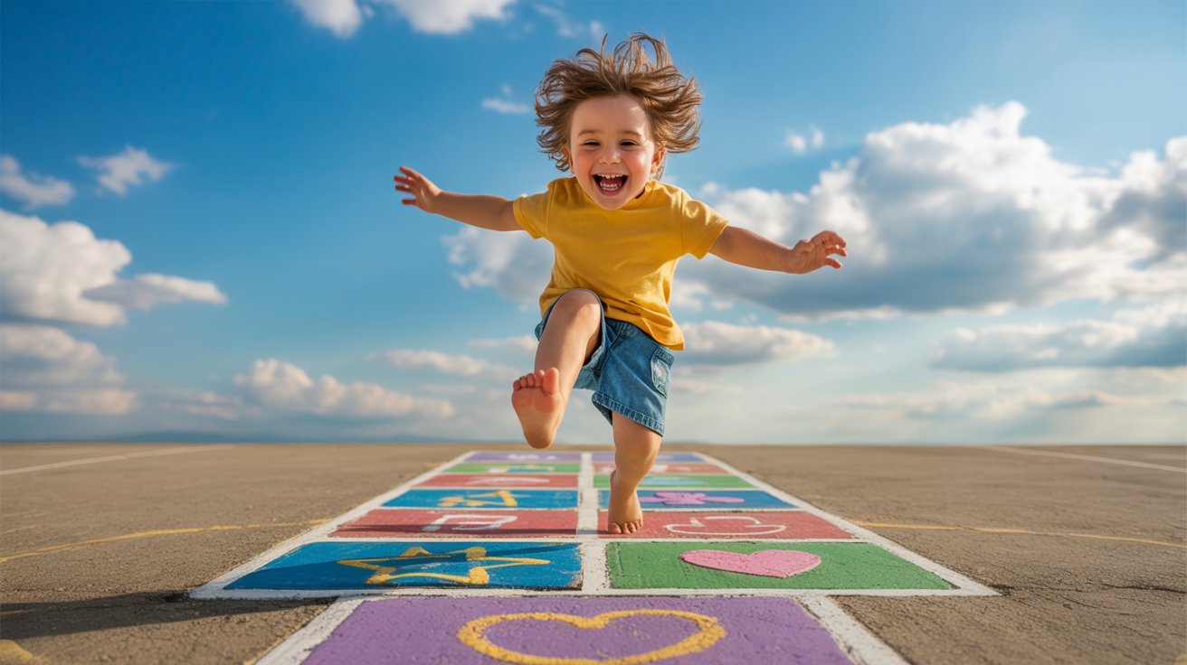 Child jumping on colorful hopscotch squares while practicing spoken words outdoors