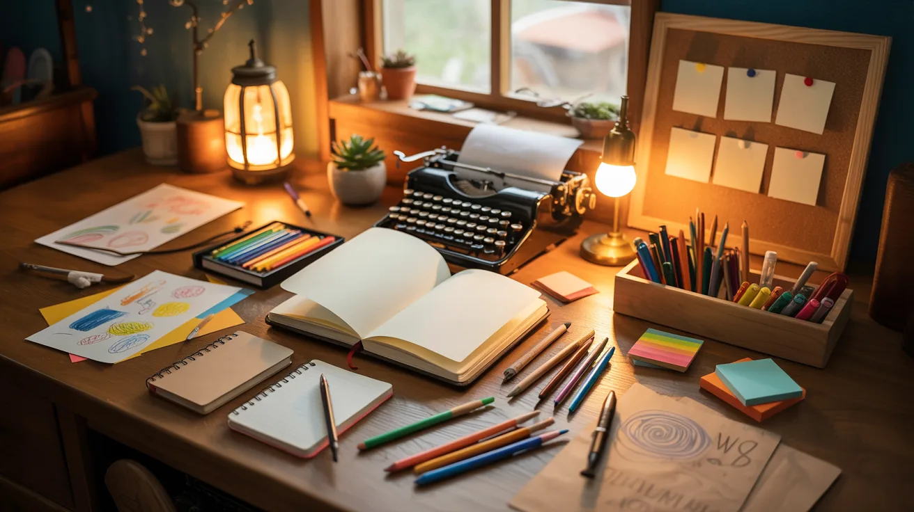 Creative writing and journaling setup with notebooks, pens, and writing materials arranged on a desk, designed for reflection, storytelling, and self-expression.