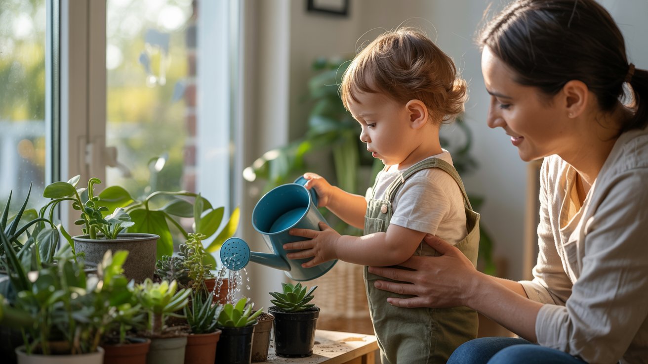 toddler watering plants with small watering can