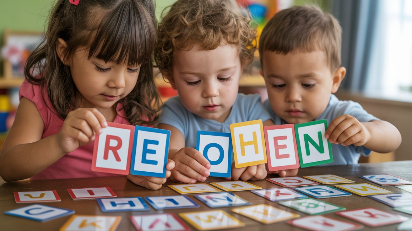 Three children joyfully playing with colorful letters that spell "rehmen" on a bright, sunny day.