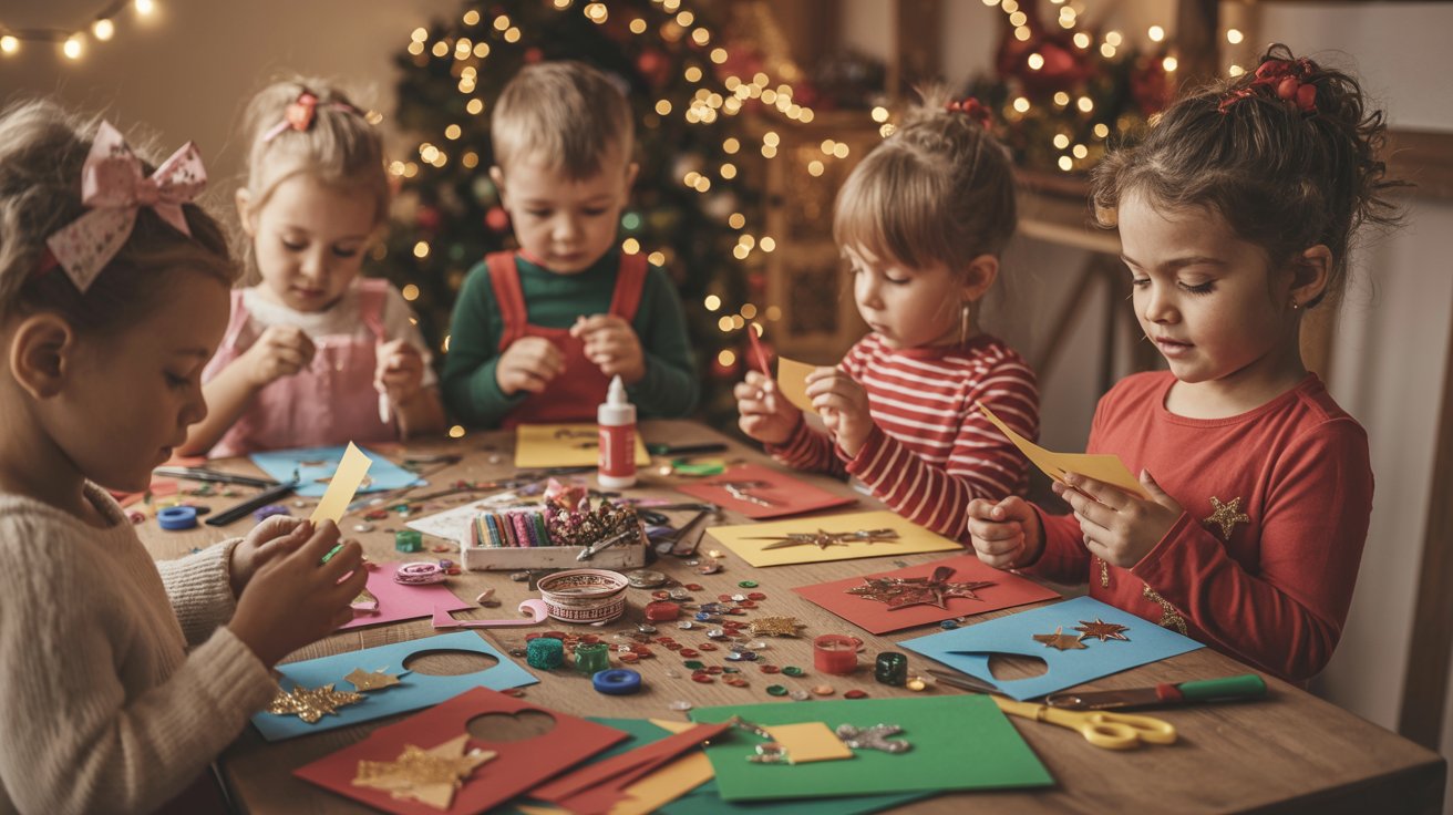 Children engaged in making Christmas crafts at a table, surrounded by colorful materials and festive decorations.