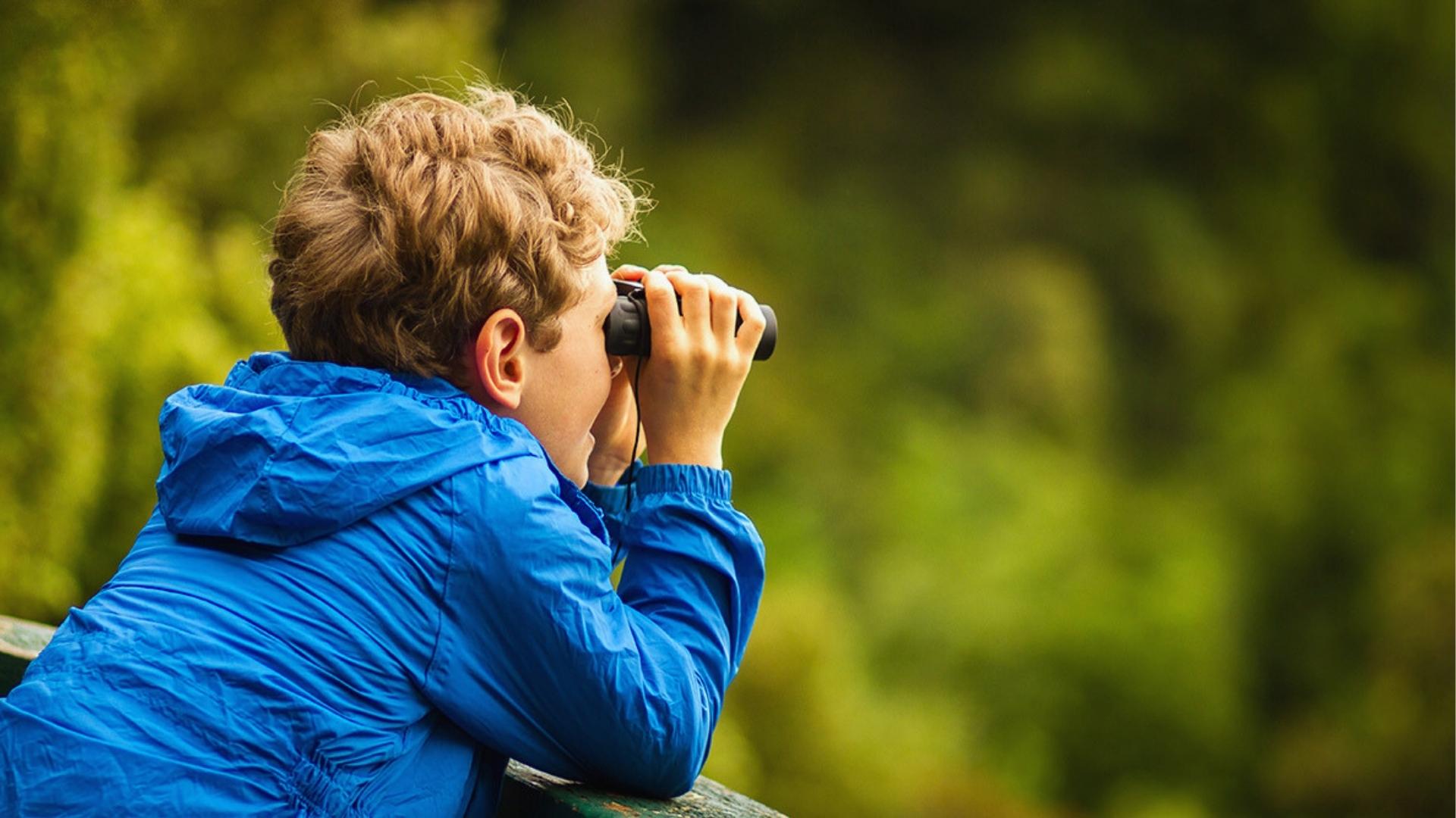 Curious boy in blue jacket uses binoculars to find nature from green forest overlook, Summer Activities for Kids.