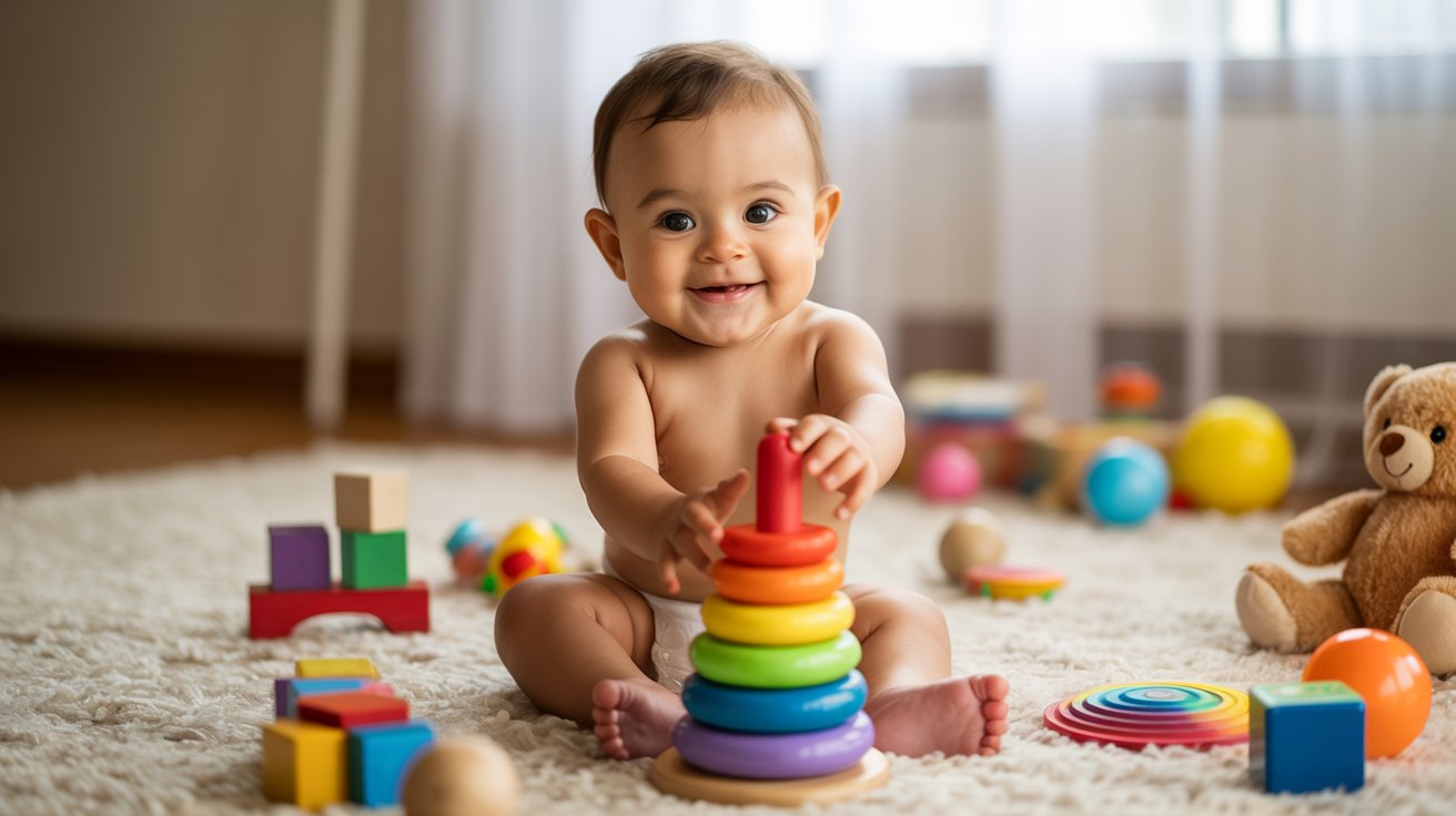 A baby sits on the floor, happily playing with colorful toys scattered around.