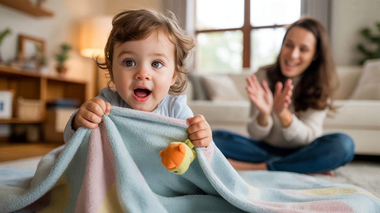 toddler playing hide and find game with toy