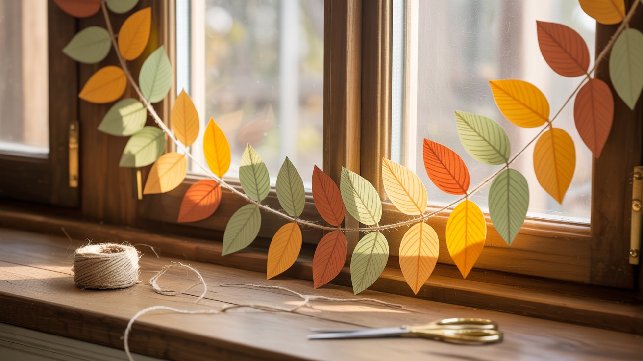 A bail of paper cut leafs display in front of a window.
