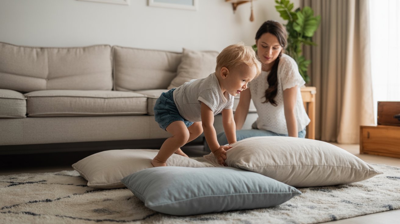 toddler climbing over pillow obstacle course indoors