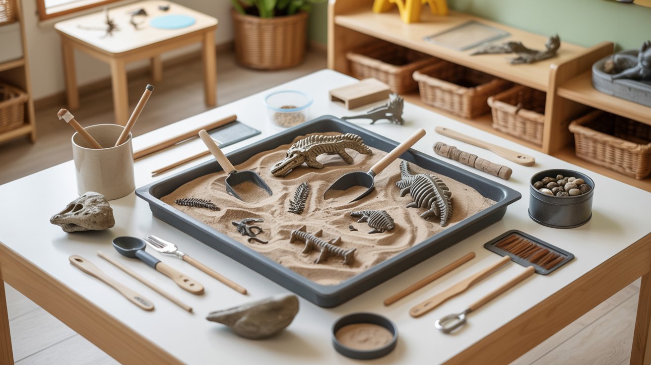 a tray with sand and dinosaur toys in it with various tools.