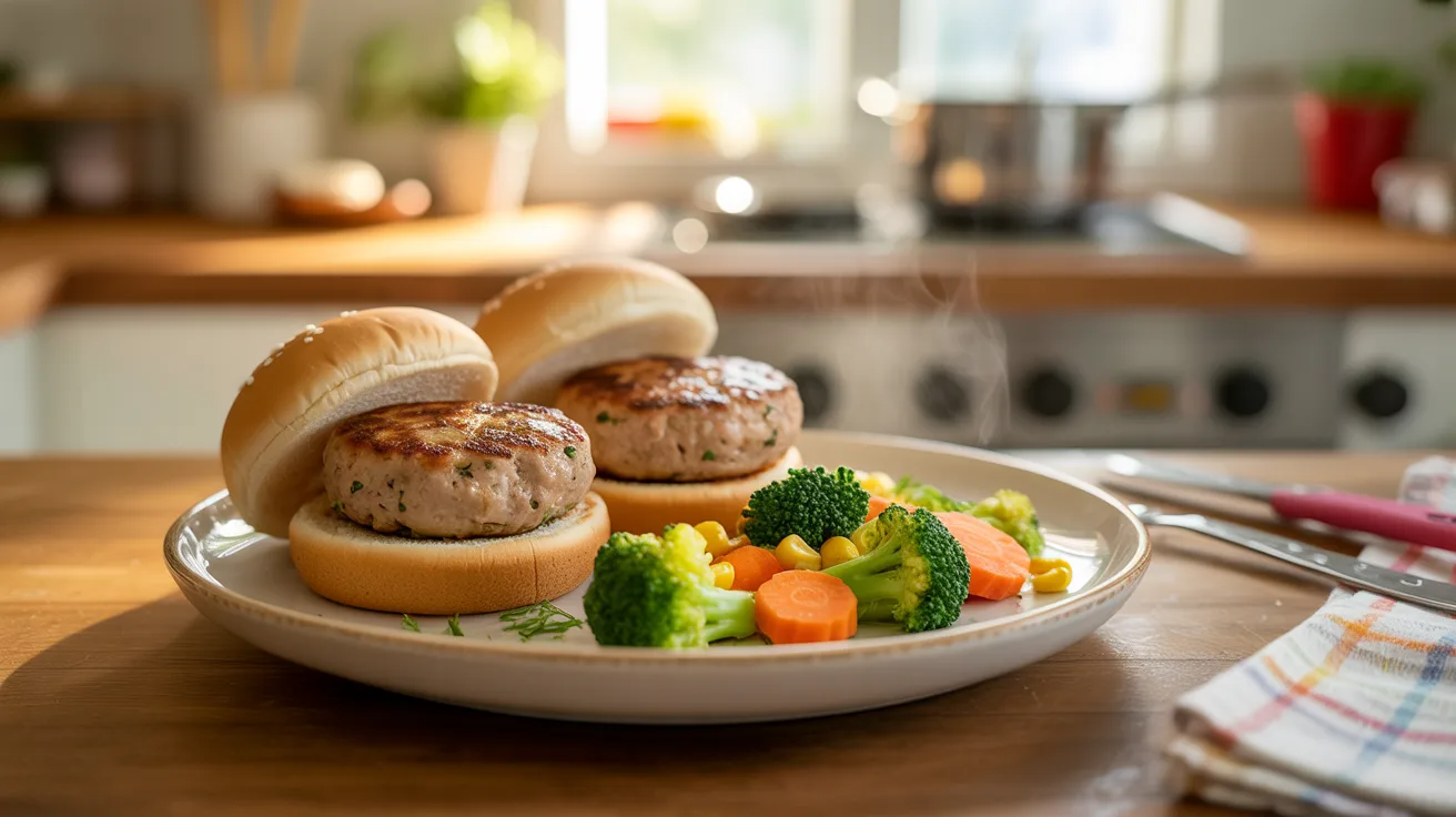Mini turkey burger patties with soft bun as toddler friendly meal prep food.