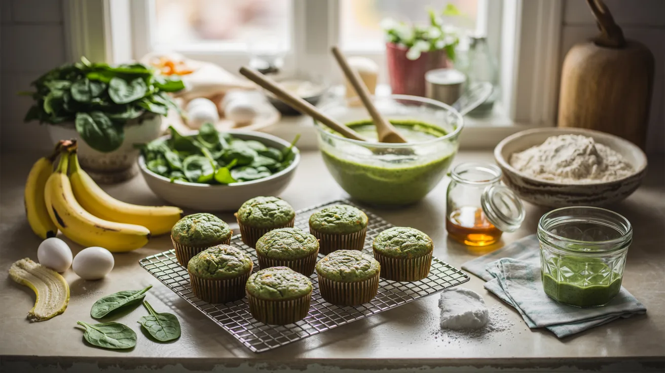 "Freshly baked spinach banana muffins cooling on a rack with bananas, spinach, and whole wheat flour arranged in a cozy sunlit kitchen showing a hidden vegetable snack for kids."