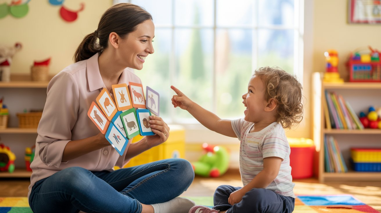 Child naming pictures shown on flashcards during an interactive learning session