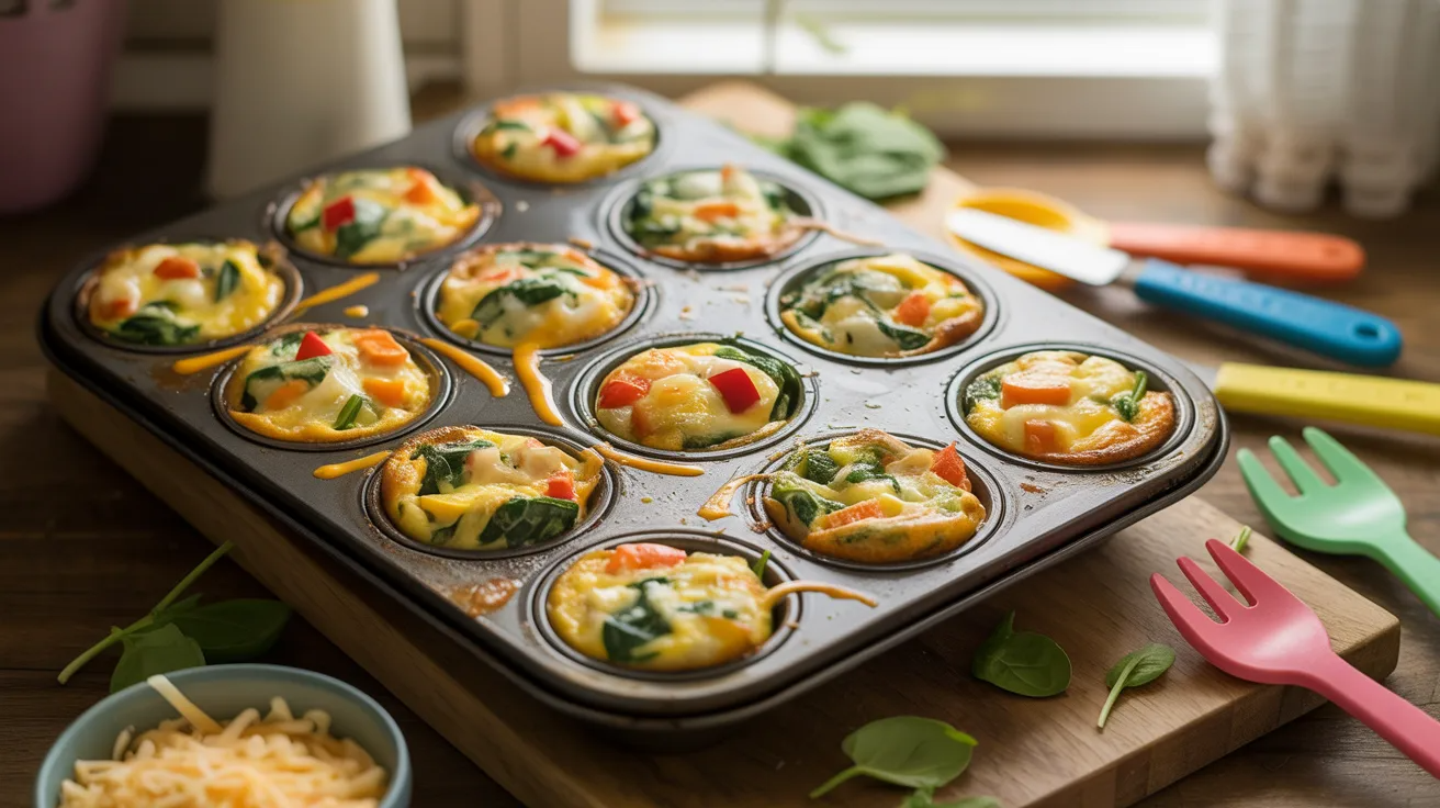 Mini frittatas baked in muffin tin as protein-rich toddler meal prep snack.