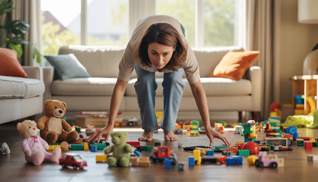 Parent stepping around scattered kids toys in a messy living room with clutter on the floor